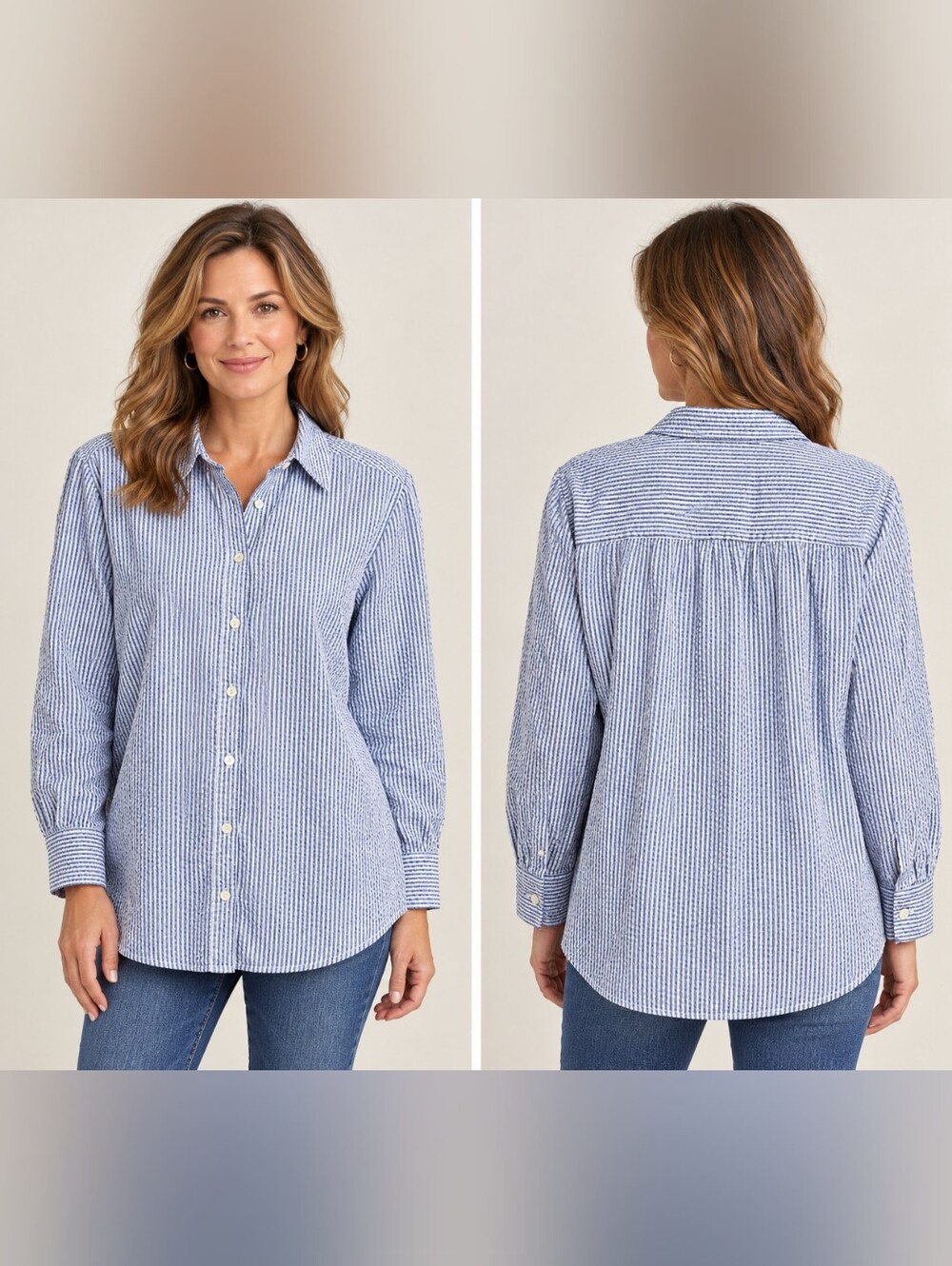 L.L. Bean Classic Seersucker Blue Stripe Button-Down Shirt - Women